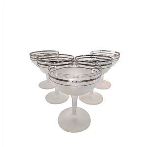Vintage MCM Wine Glasses Dessert Cups Frosted with Silver Stripes Set of 5